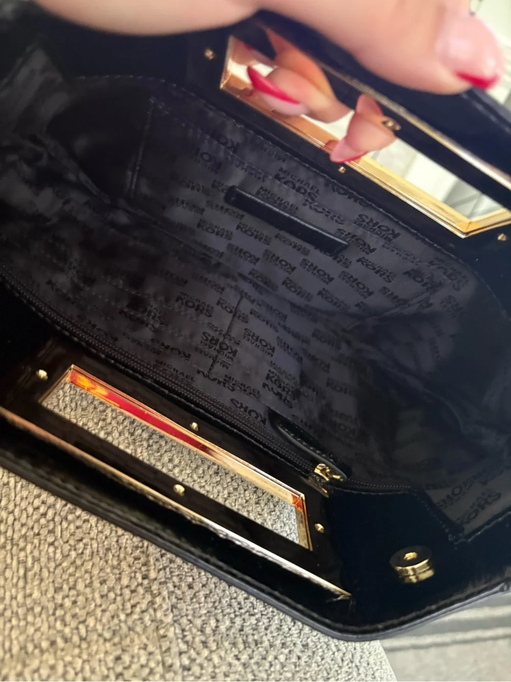 Michael Kors Black Patent Leather Clutch with Gold Accent Handle